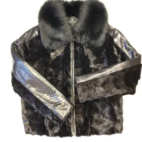 Kashani Black Natural Python Silver Fox Mink Fur Coat