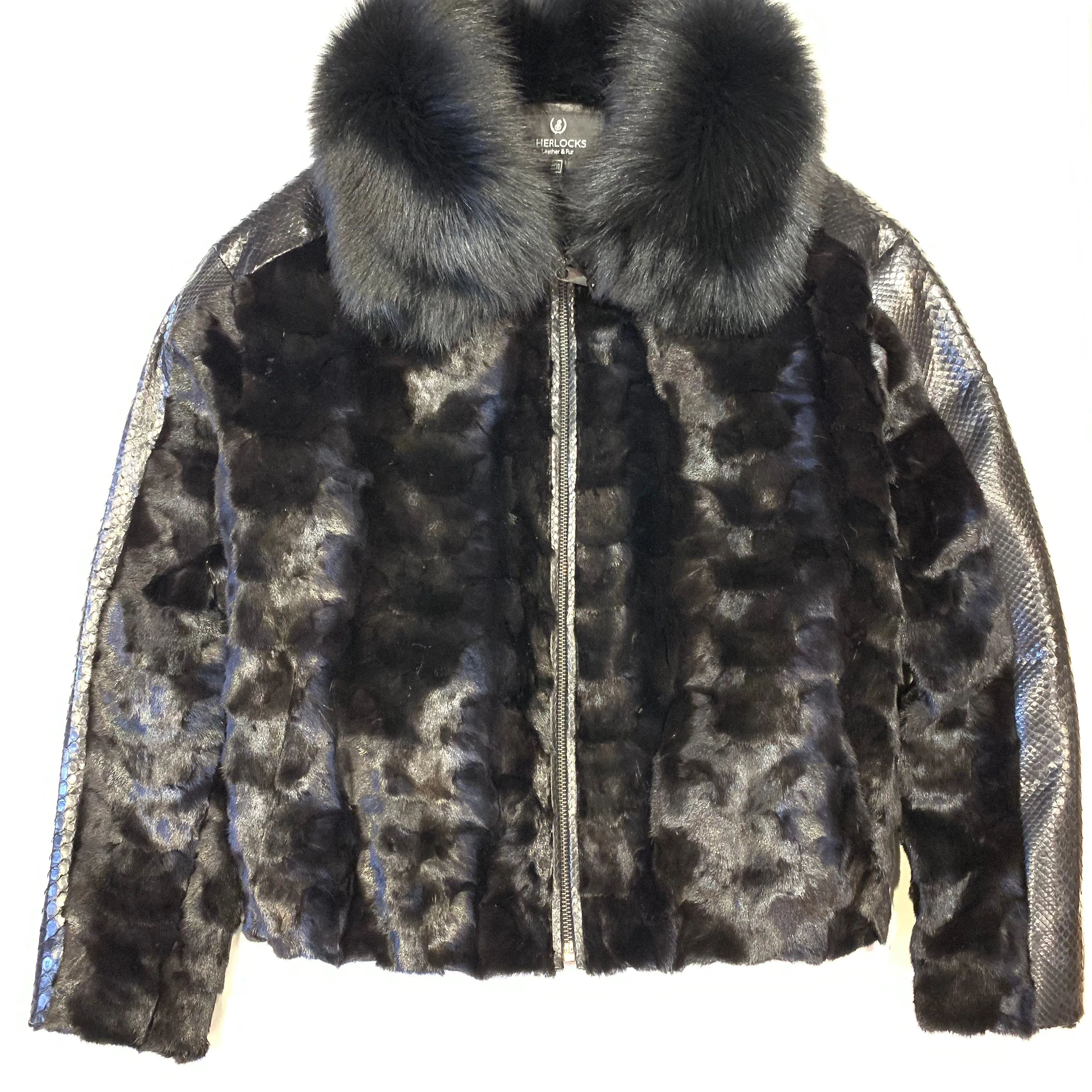 Kashani Black Natural Python Silver Fox Mink Fur Coat