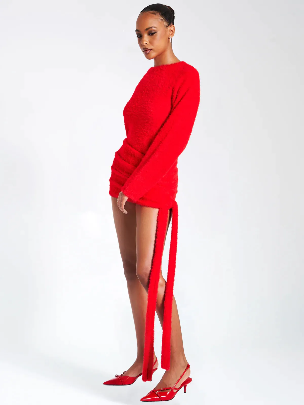 KEIRA RED KNIT LONG SLEEVE BACKLESS SWEATER DRESS