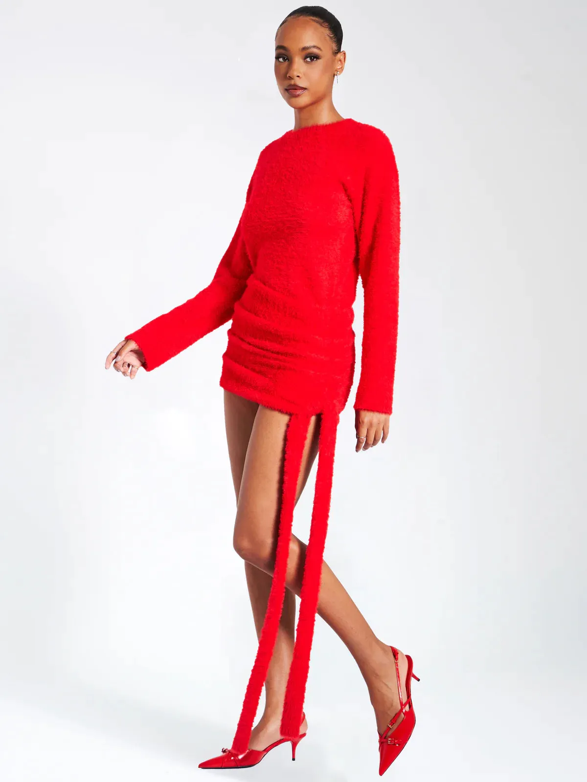 KEIRA RED KNIT LONG SLEEVE BACKLESS SWEATER DRESS