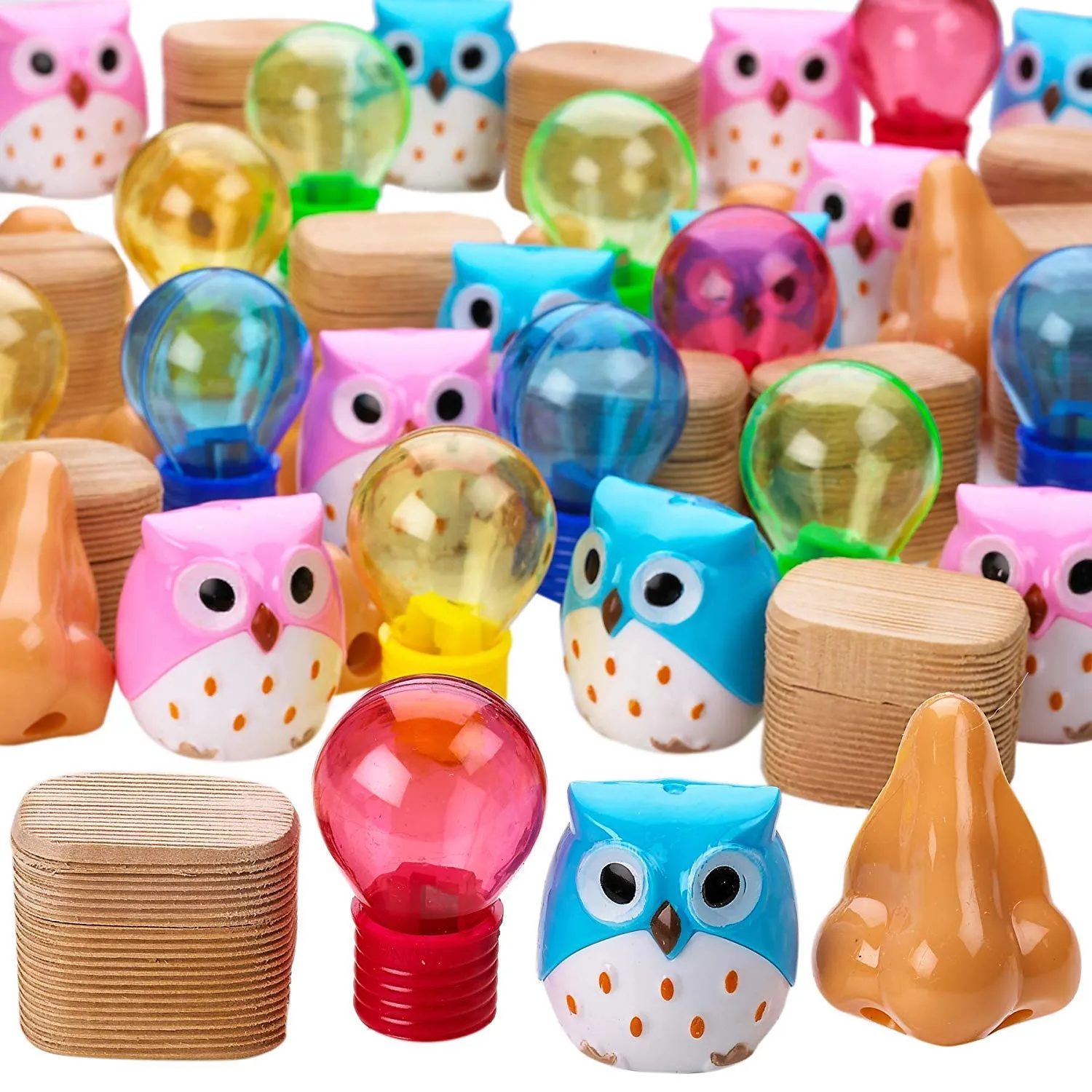 Kicko Assorted Pencil Sharpeners - 48 Pack, 1 to 2.5 Inch - Various Designs - Owl, Nose