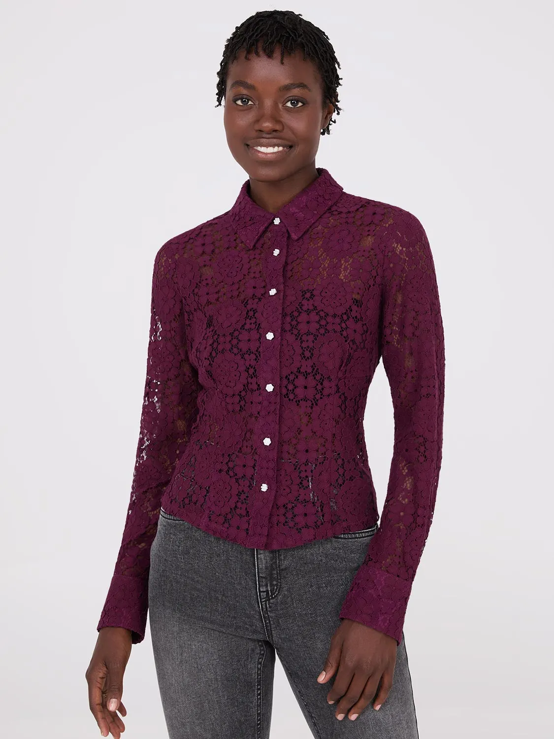 Lace Button-Front Fitted Blouse