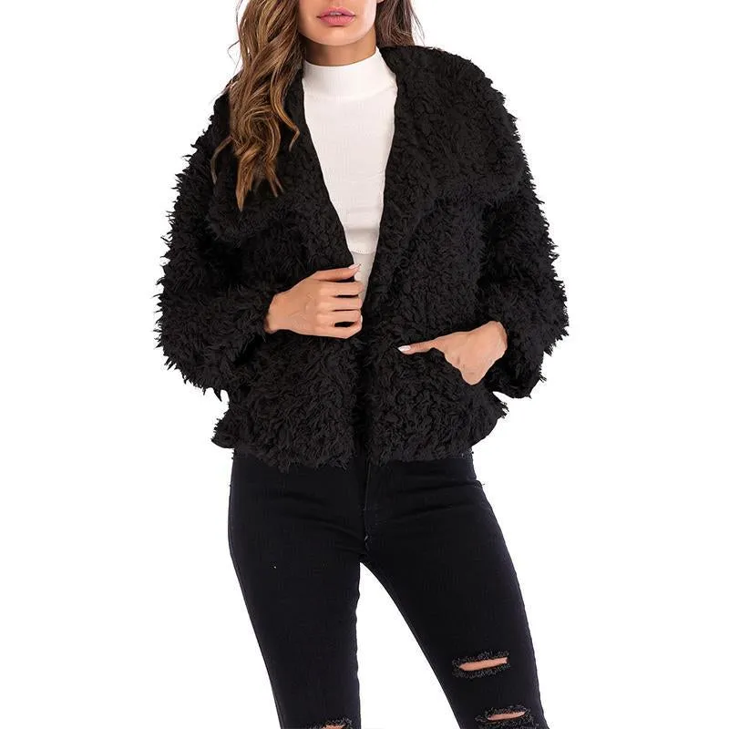 Lapel Long Sleeve Pocket Plain Fur Coats