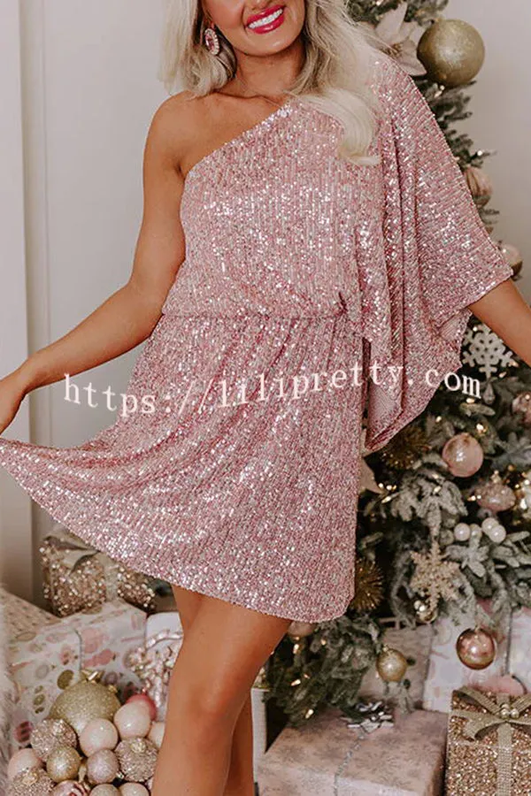 LIlipretty Date Night Darling Sequin One Shoulder Batwing Sleeve Elastic Waist Mini Dress