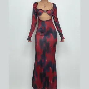 Long sleeve print v neck lace hem contrast maxi skirt set