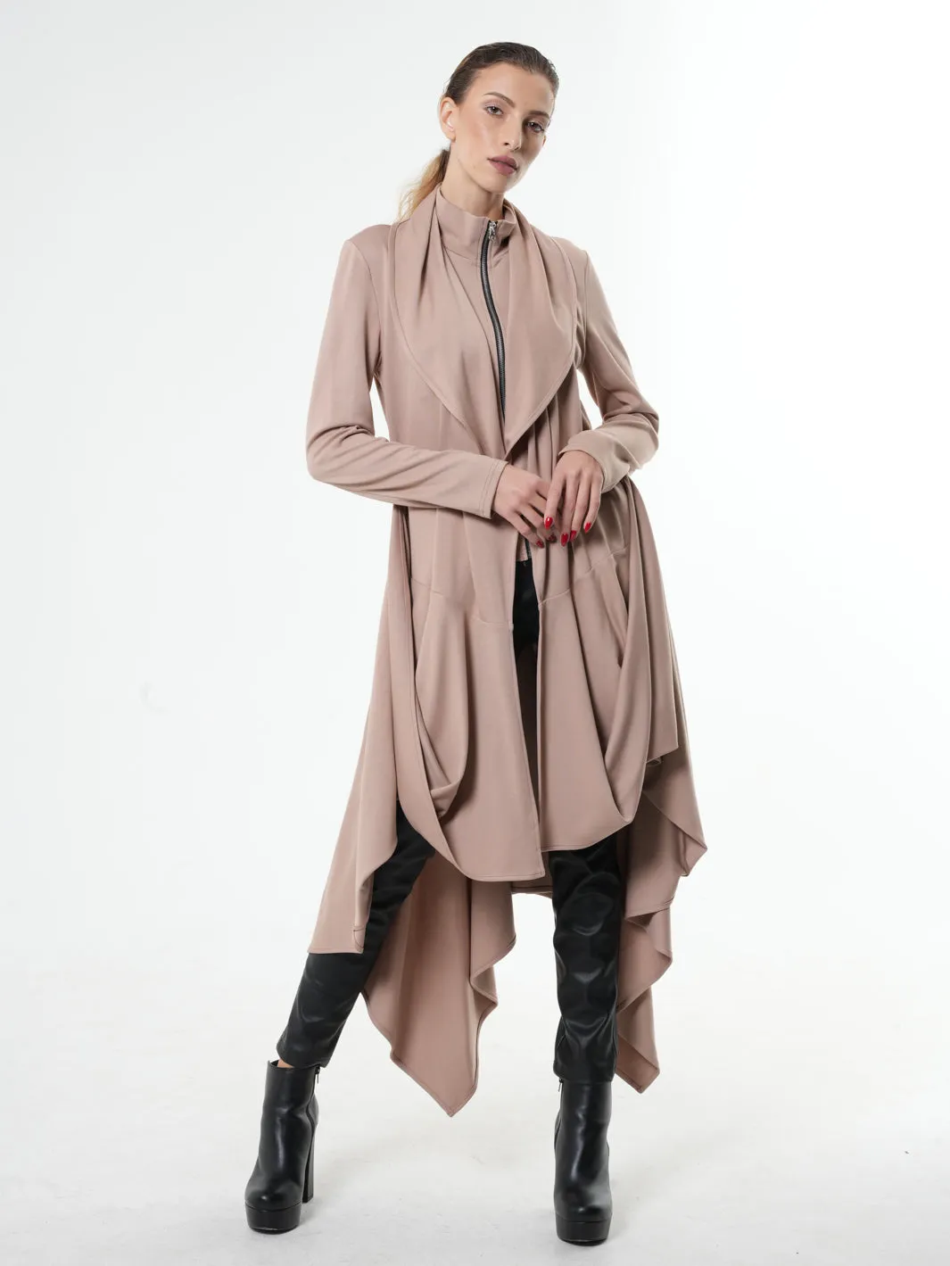 Long Zipper Cardigan With Drapings