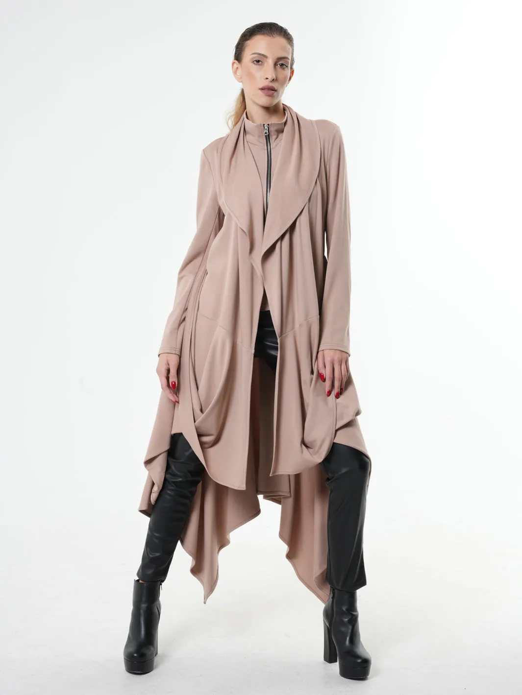 Long Zipper Cardigan With Drapings