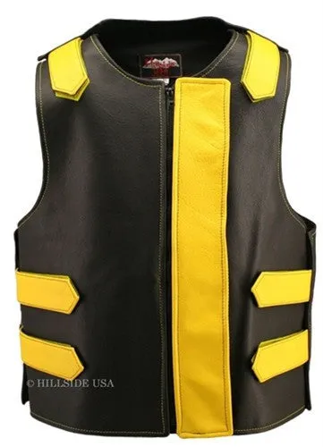 Made in USA Bulletproof Style Leather Motorcycle Vest Black/Orange