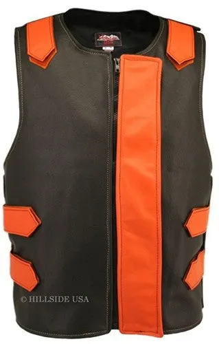 Made in USA Bulletproof Style Leather Motorcycle Vest Black/Orange