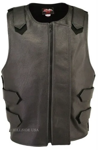 Made in USA Bulletproof Style Leather Motorcycle Vest Black/Orange