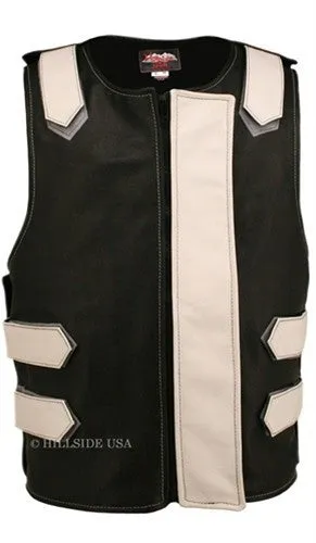 Made in USA Bulletproof Style Leather Motorcycle Vest Black/Orange