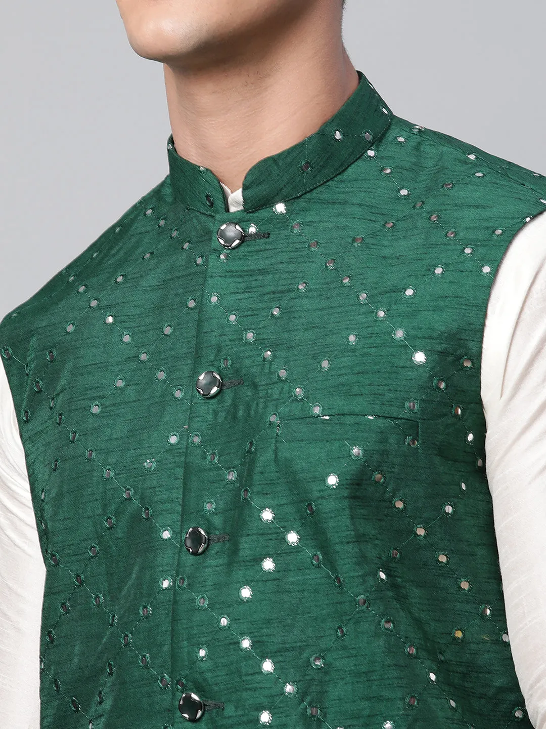 Men Dupion Silk Kurta Pyjama With Green Mirror Work Nehru Jacket