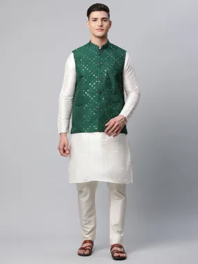 Men Dupion Silk Kurta Pyjama With Green Mirror Work Nehru Jacket