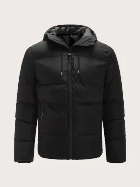 Men Solid Drawstring Zip-up Padded Coat