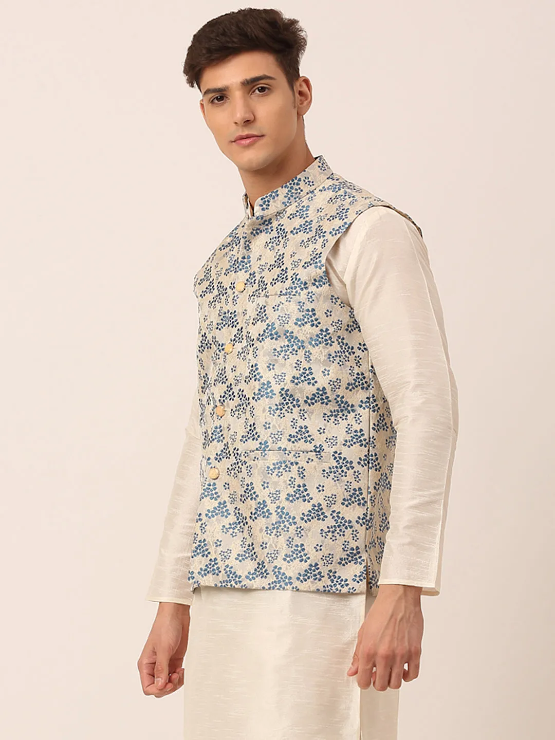 Men's Blue Floral Design Nehru Jacket.