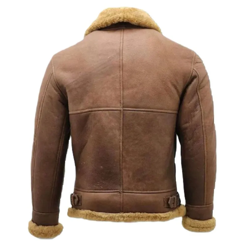 Men's Brown Faux Shearling Fur Bomber Premium Sheepskin Leather Jacket