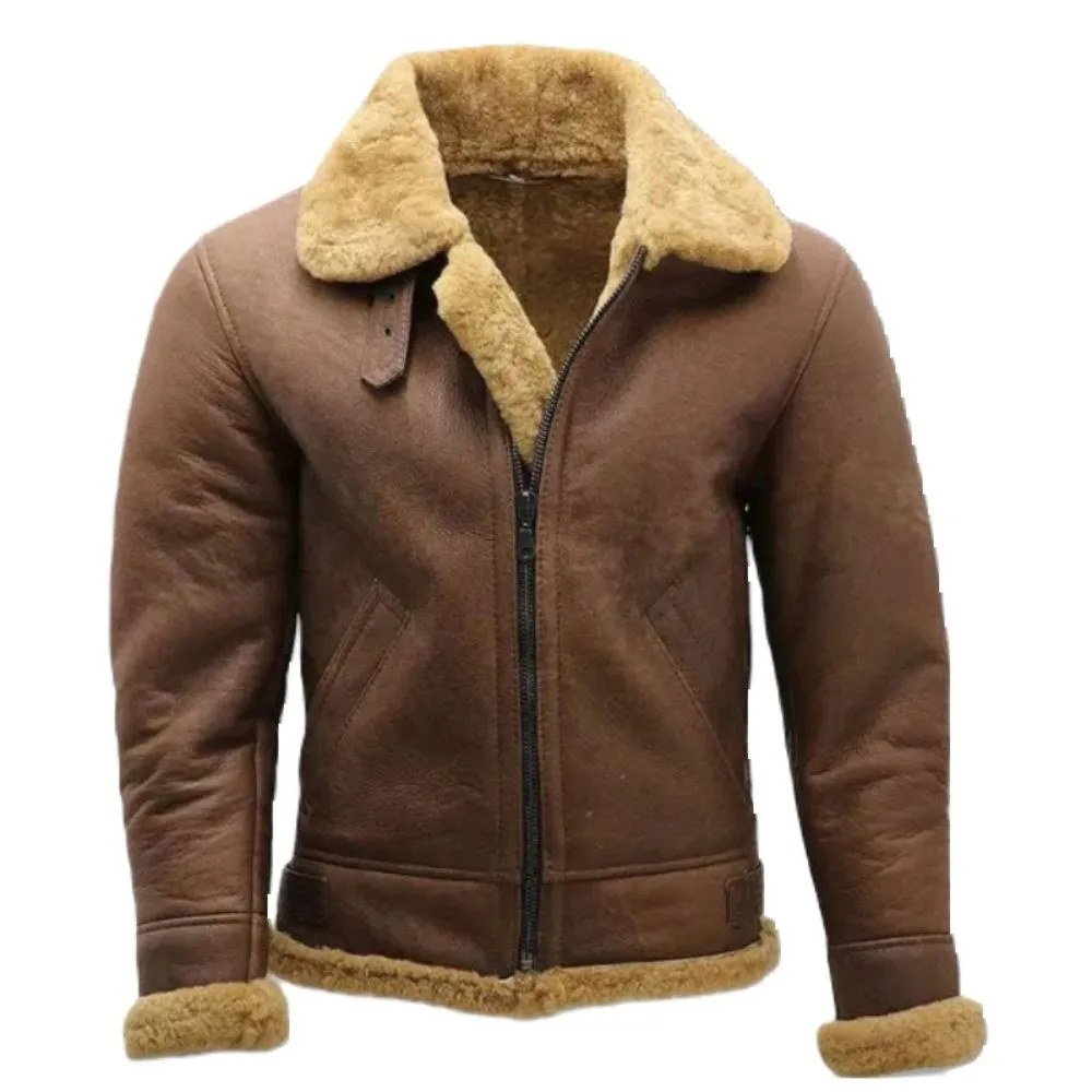 Men's Brown Faux Shearling Fur Bomber Premium Sheepskin Leather Jacket