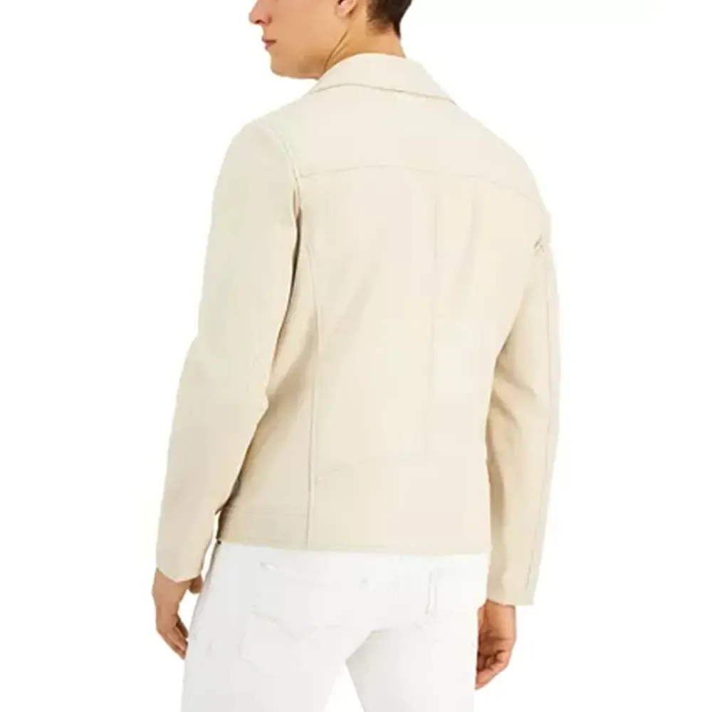 Men's Lapel Collar Beige Leather Motorcycle Jacket