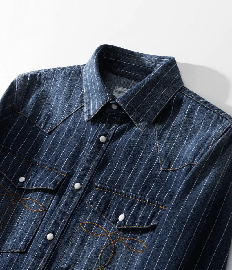 Men's Retro Shirt Classic Striped Denim Shirt