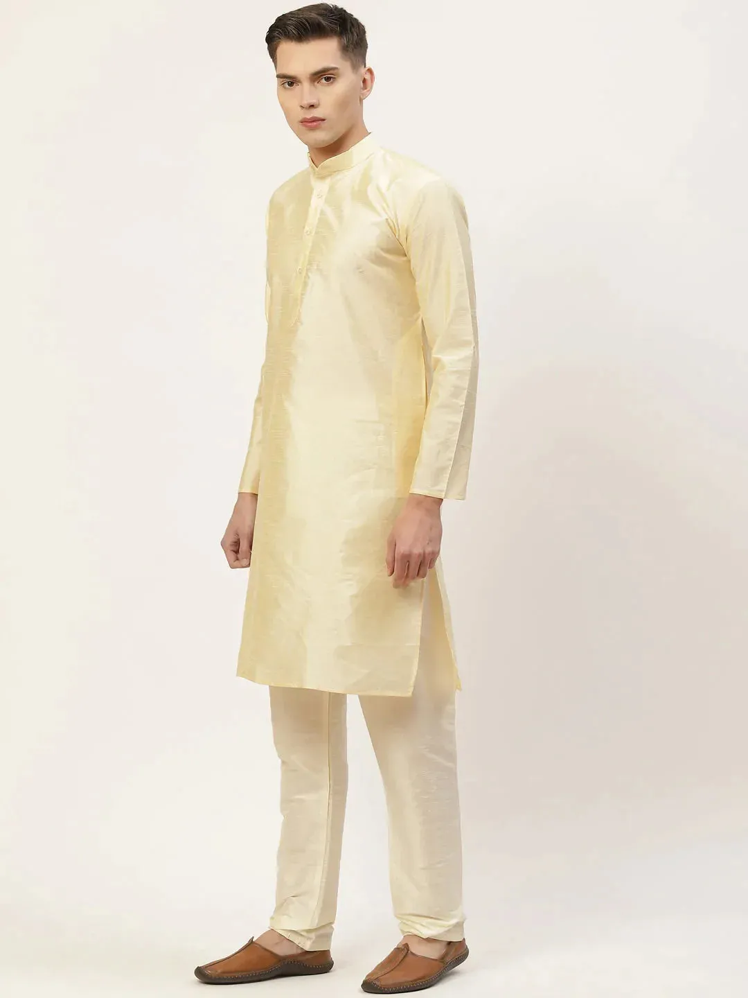 Men'S Solid Kurta Pyjama With Floral Cream Printed Nehru Jacket