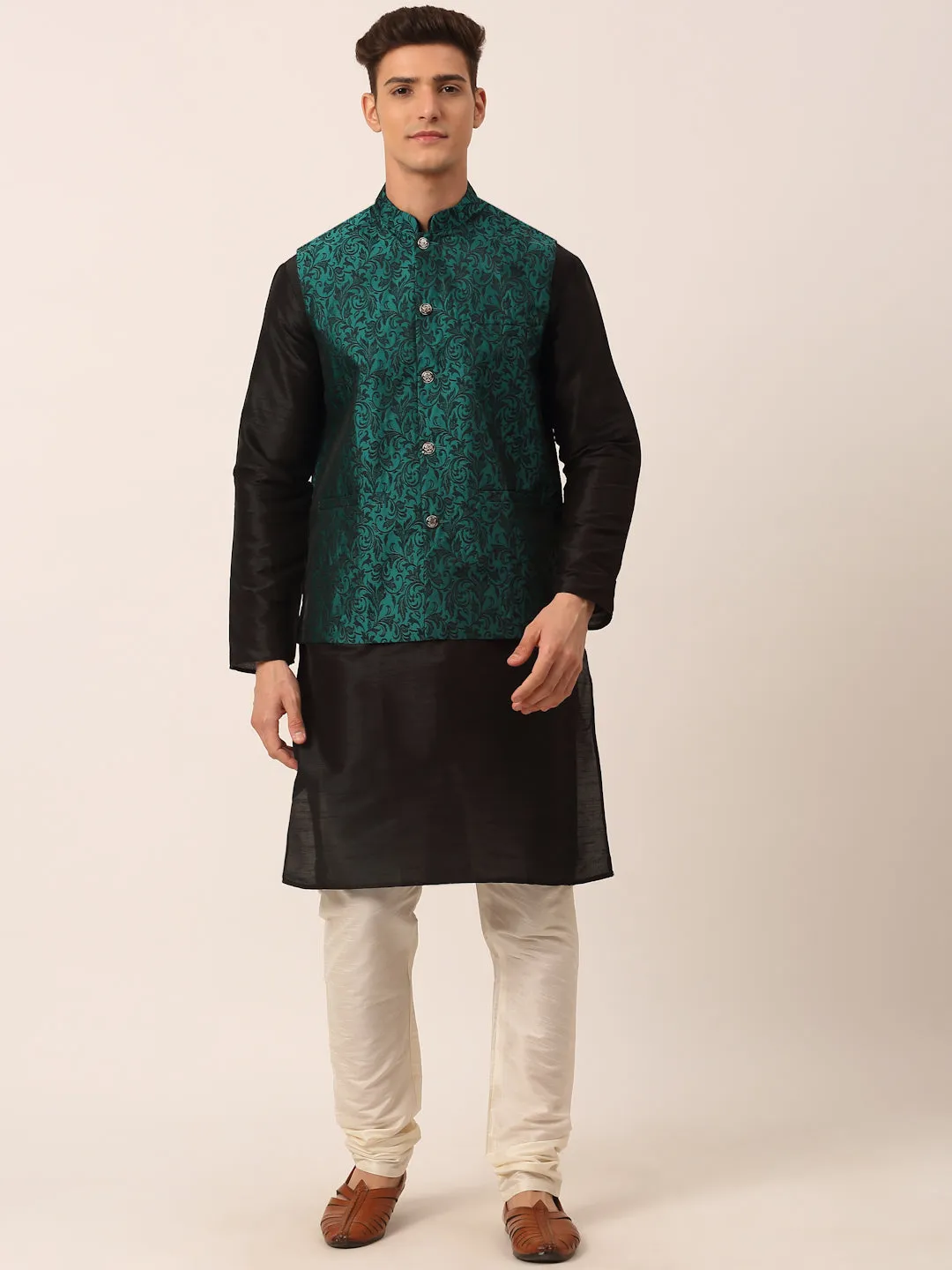 Men's Solid Kurta Pyjama With Green Woven Design Nehru Jacket