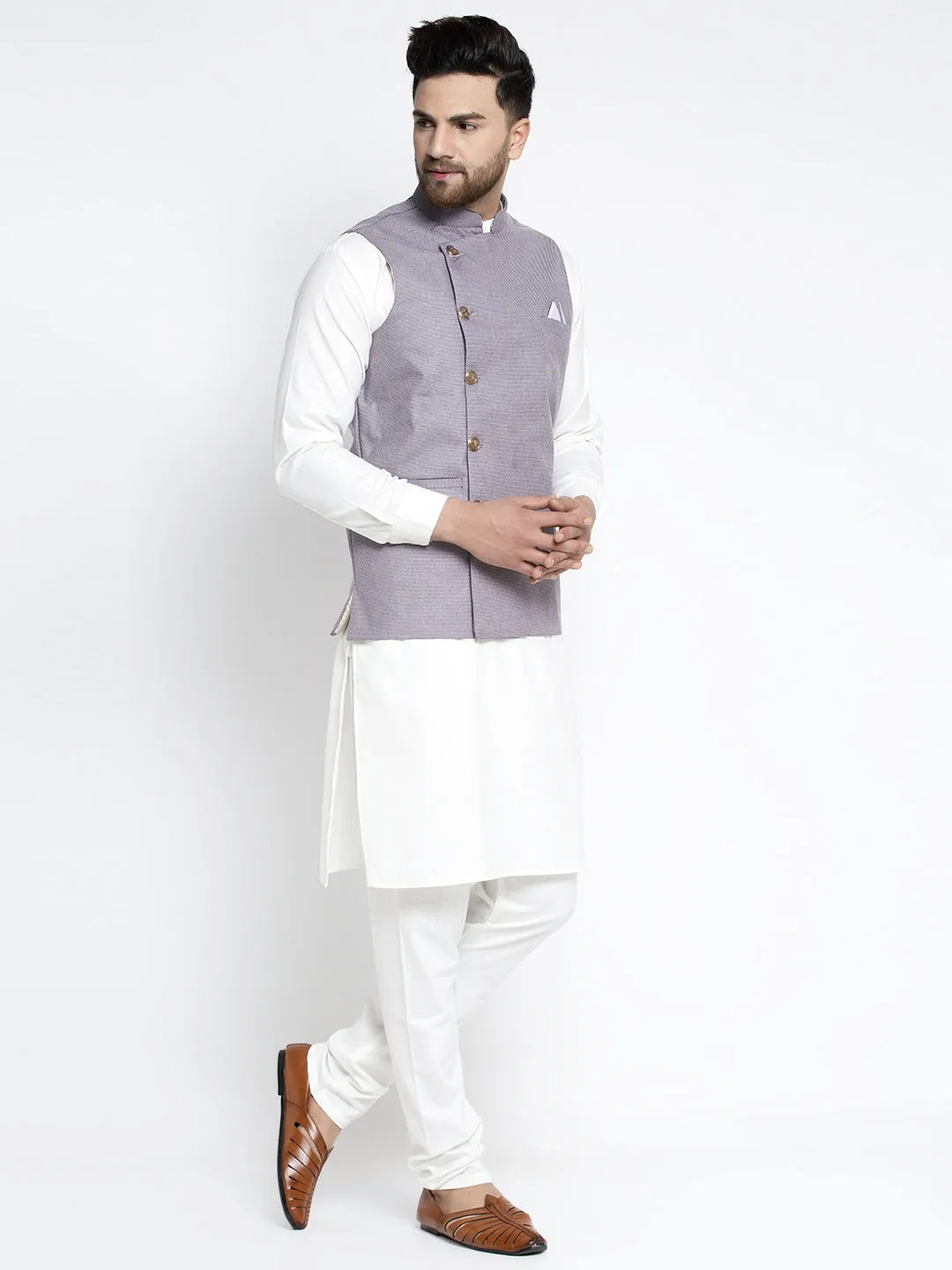 Men's Solid White Cotton Kurta Payjama with Geometric Waistcoat ( JOKPWC OW-F 4022 Purple ) - Virat Fashions