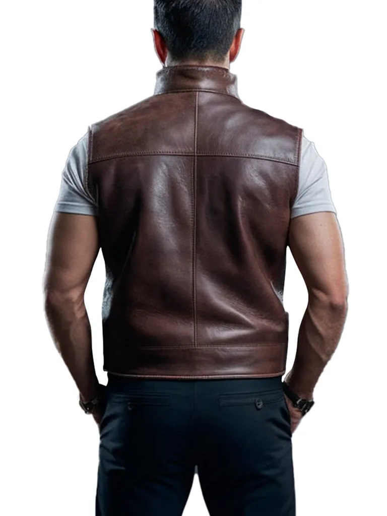 Men's Stylish Brown Stride Leather Vest With Zipper Closure