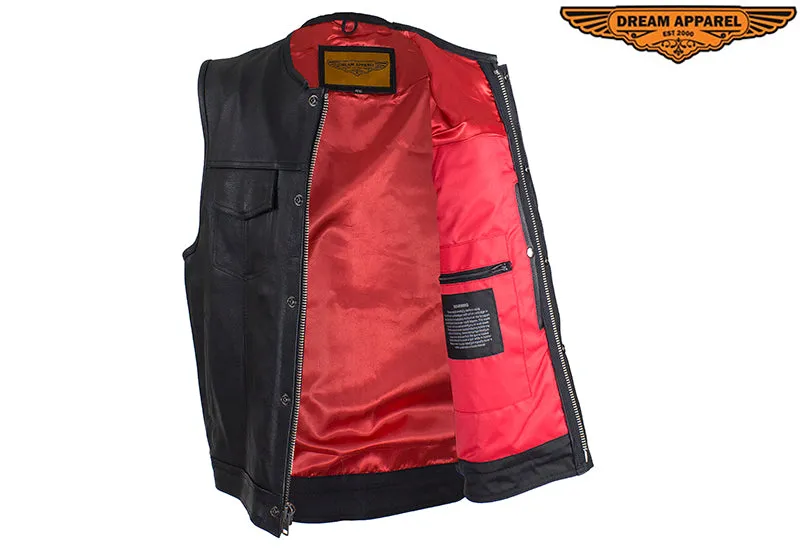 Mens Zippered No Collar Leather Motorcycle Club Vest with Red Liner