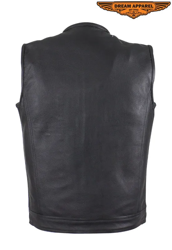 Mens Zippered No Collar Leather Motorcycle Club Vest with Red Liner