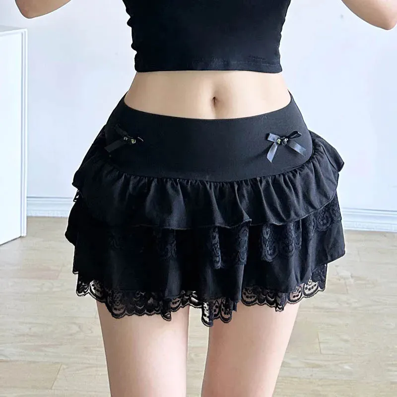 Metaversmall Sweet White Summer Mini Skirt Female Cute Coquette Lace Trim Folds Bow Korean Fashion Hottie Y2K Skirt Tierred A-Line