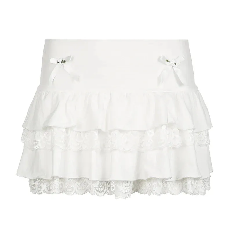 Metaversmall Sweet White Summer Mini Skirt Female Cute Coquette Lace Trim Folds Bow Korean Fashion Hottie Y2K Skirt Tierred A-Line