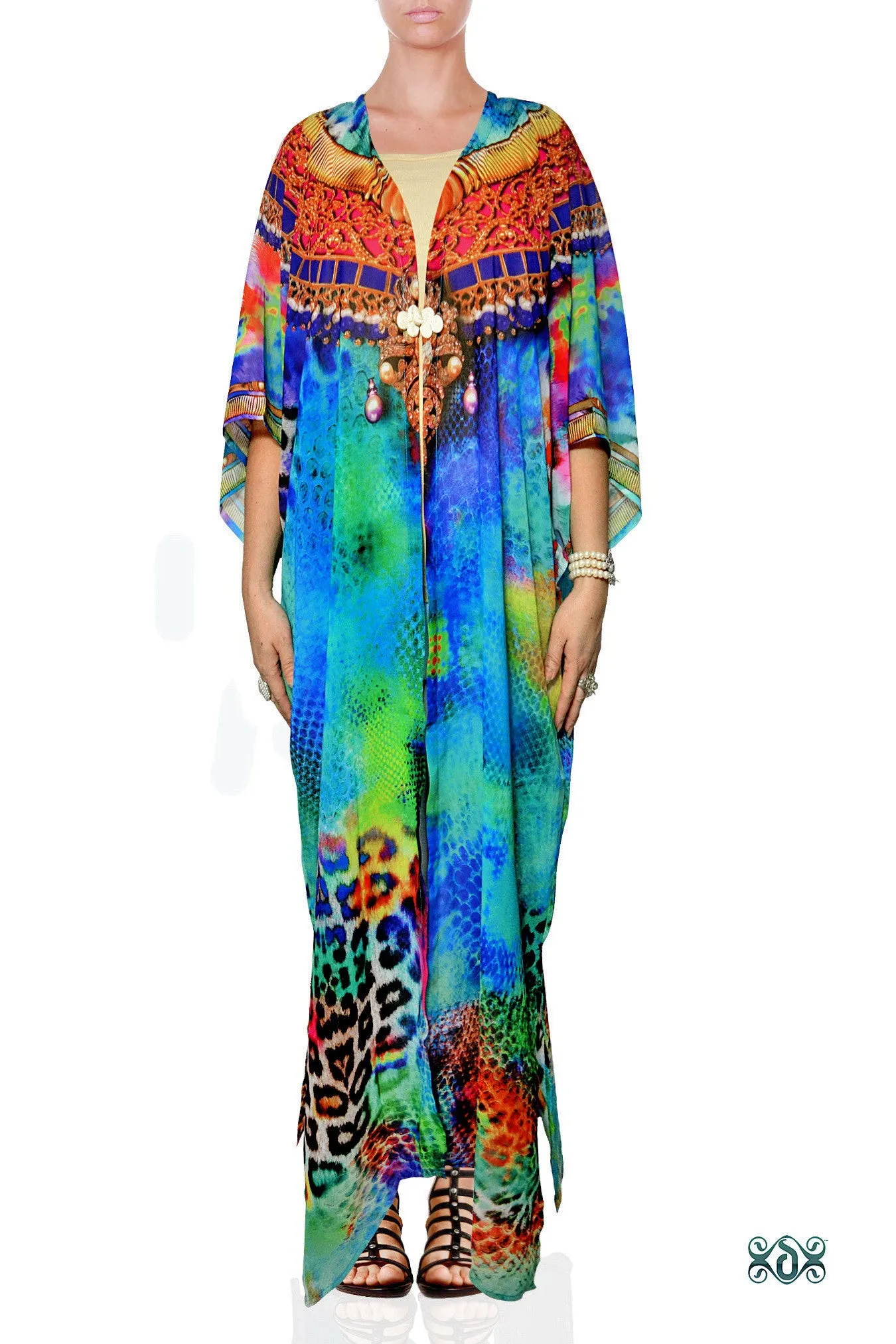 NATURE MORTE Turquoise Leopard Devarshy Long Georgette Kimono Jacket - 0013