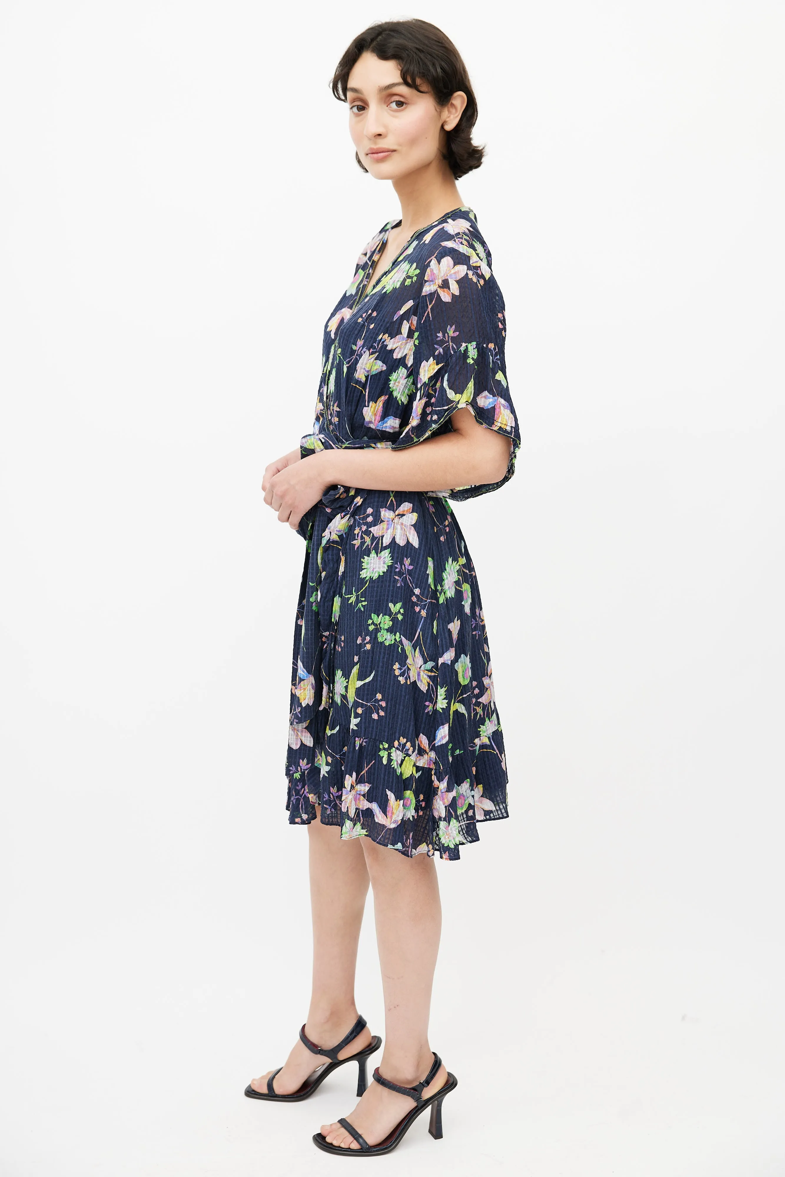 Navy & Multicolour Silk Floral Wrap Dress