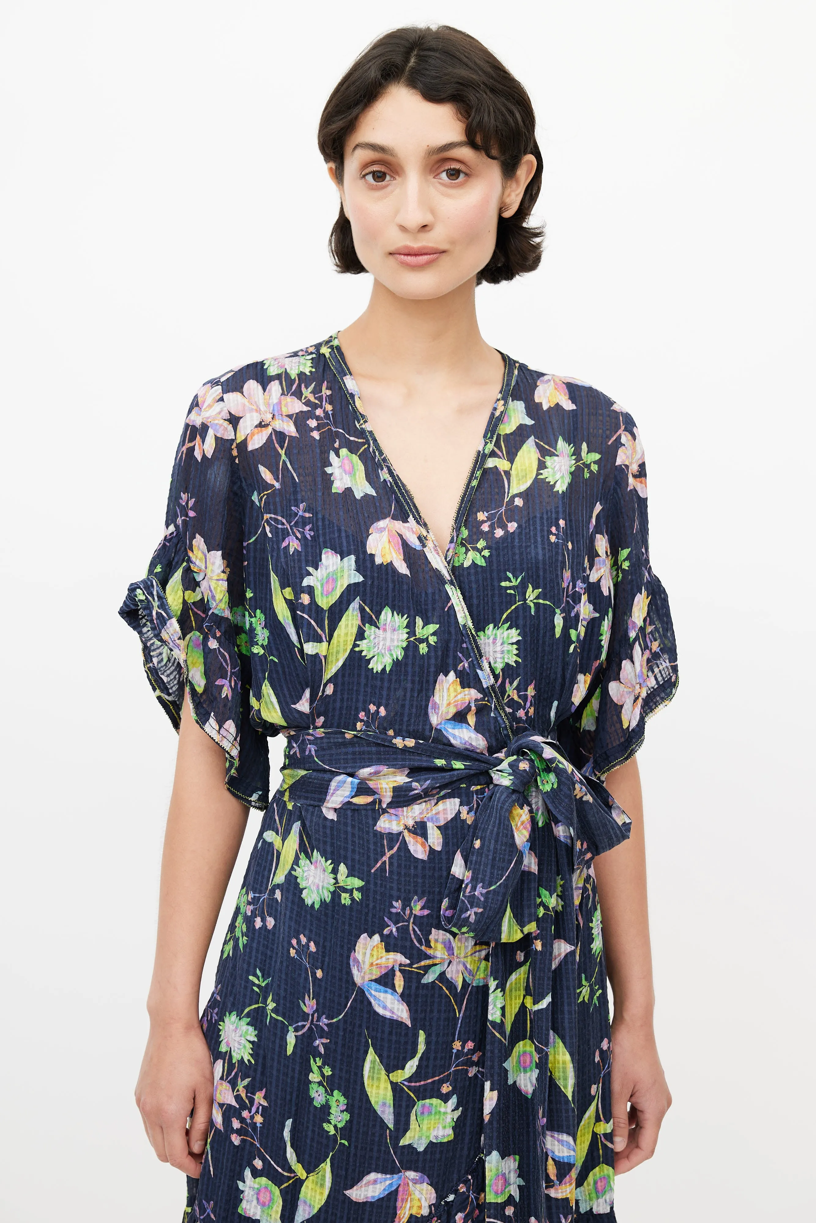 Navy & Multicolour Silk Floral Wrap Dress