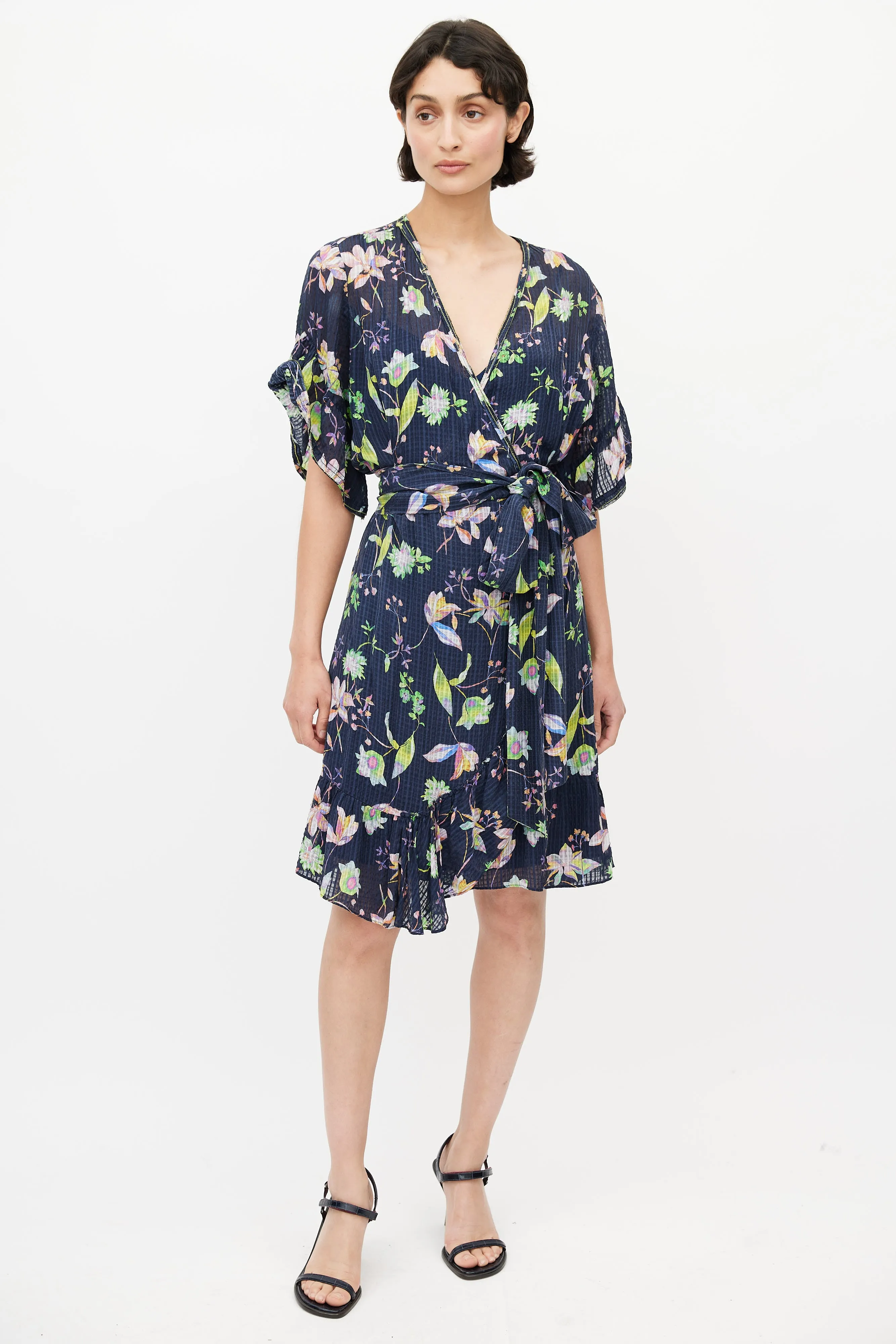 Navy & Multicolour Silk Floral Wrap Dress