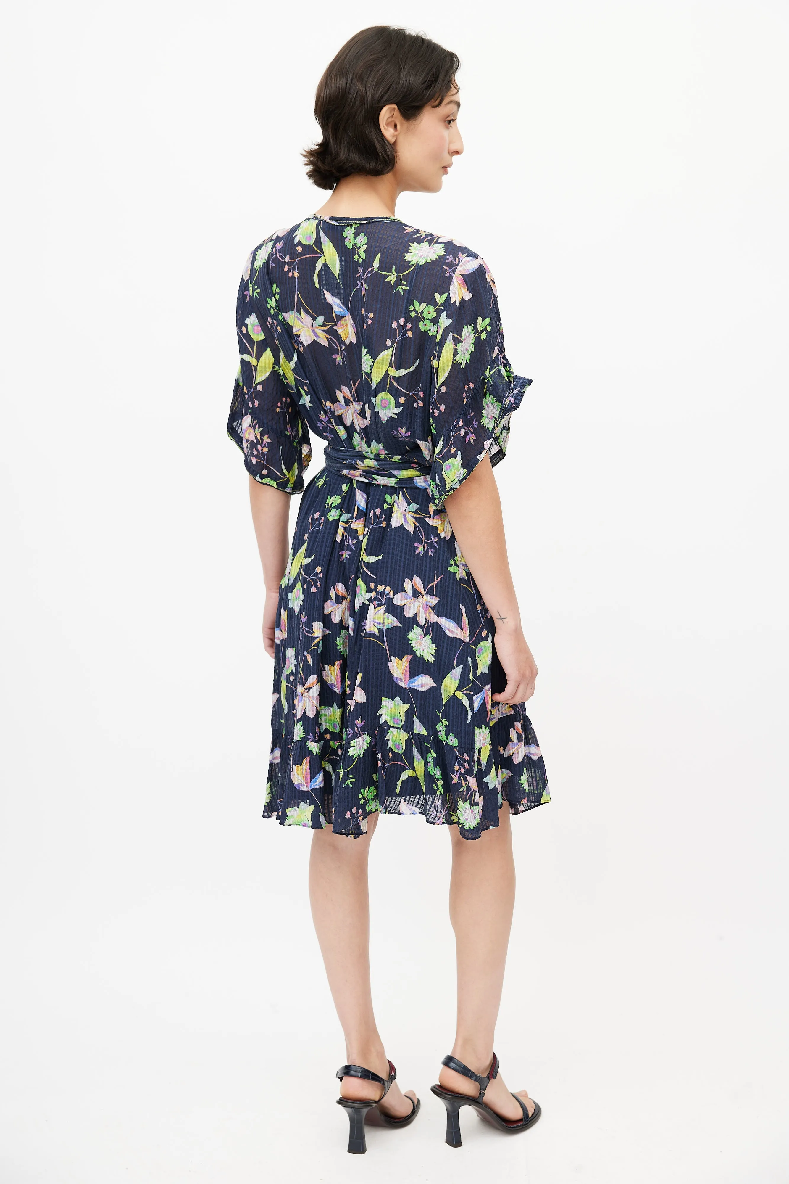 Navy & Multicolour Silk Floral Wrap Dress