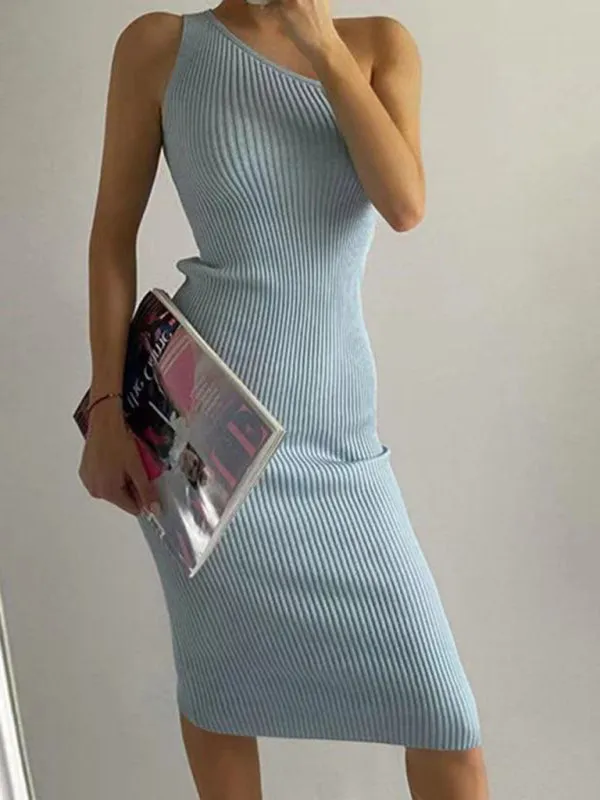 New fashionable slanted shoulder solid color slim elastic slim fit hip-hugging knitted dress