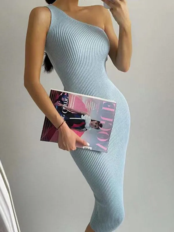 New fashionable slanted shoulder solid color slim elastic slim fit hip-hugging knitted dress