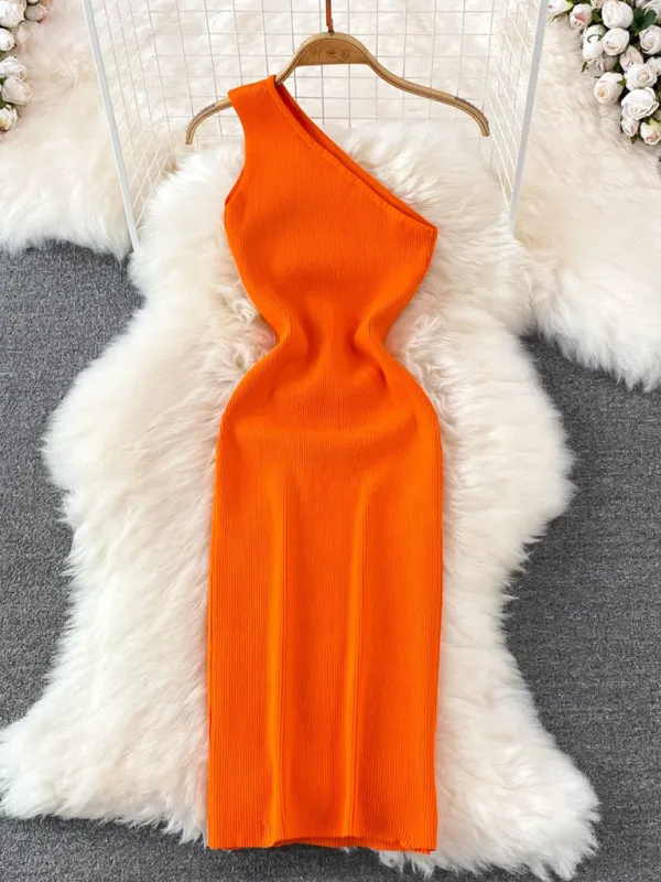 New fashionable slanted shoulder solid color slim elastic slim fit hip-hugging knitted dress