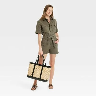 New - Women's Short Sleeve Denim Romper - Universal Thread Olive Green 14