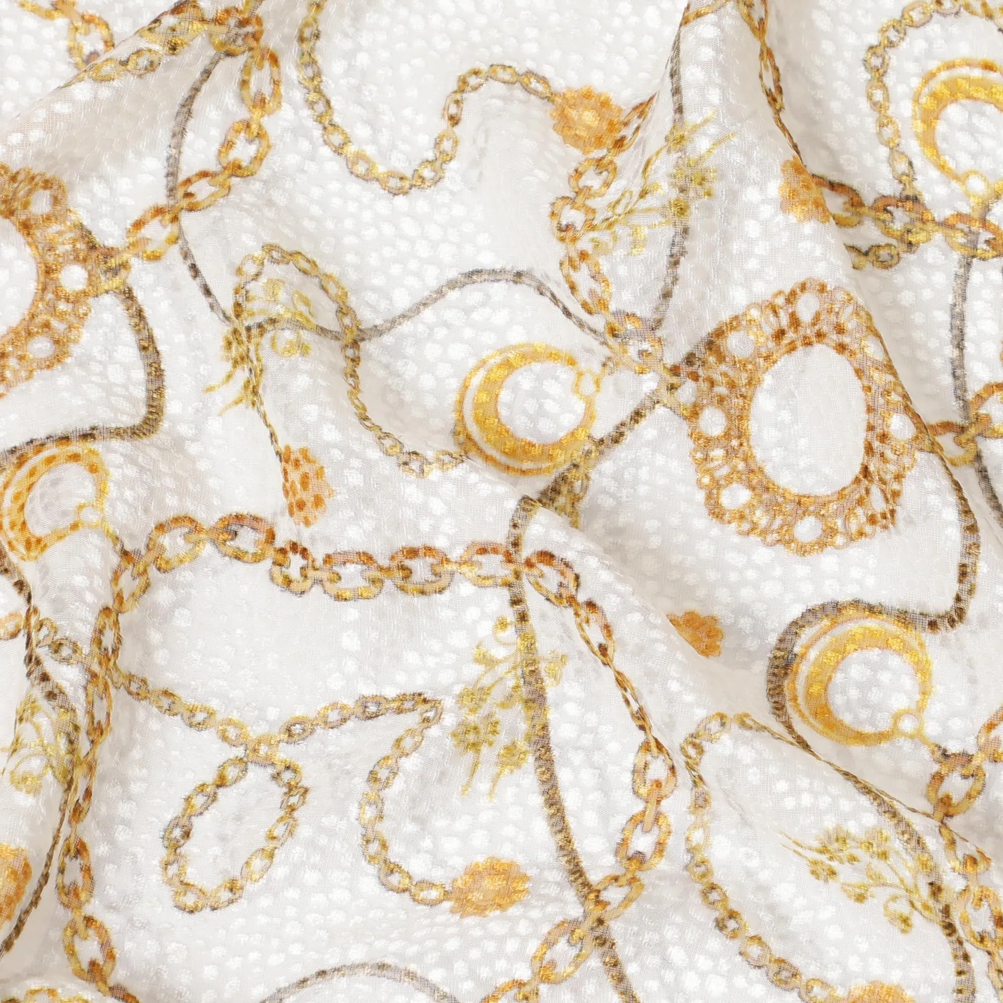 Off white Premium pure Italian silk blended burnout velvet fabric with mustard yellow print in fancy design-D13838