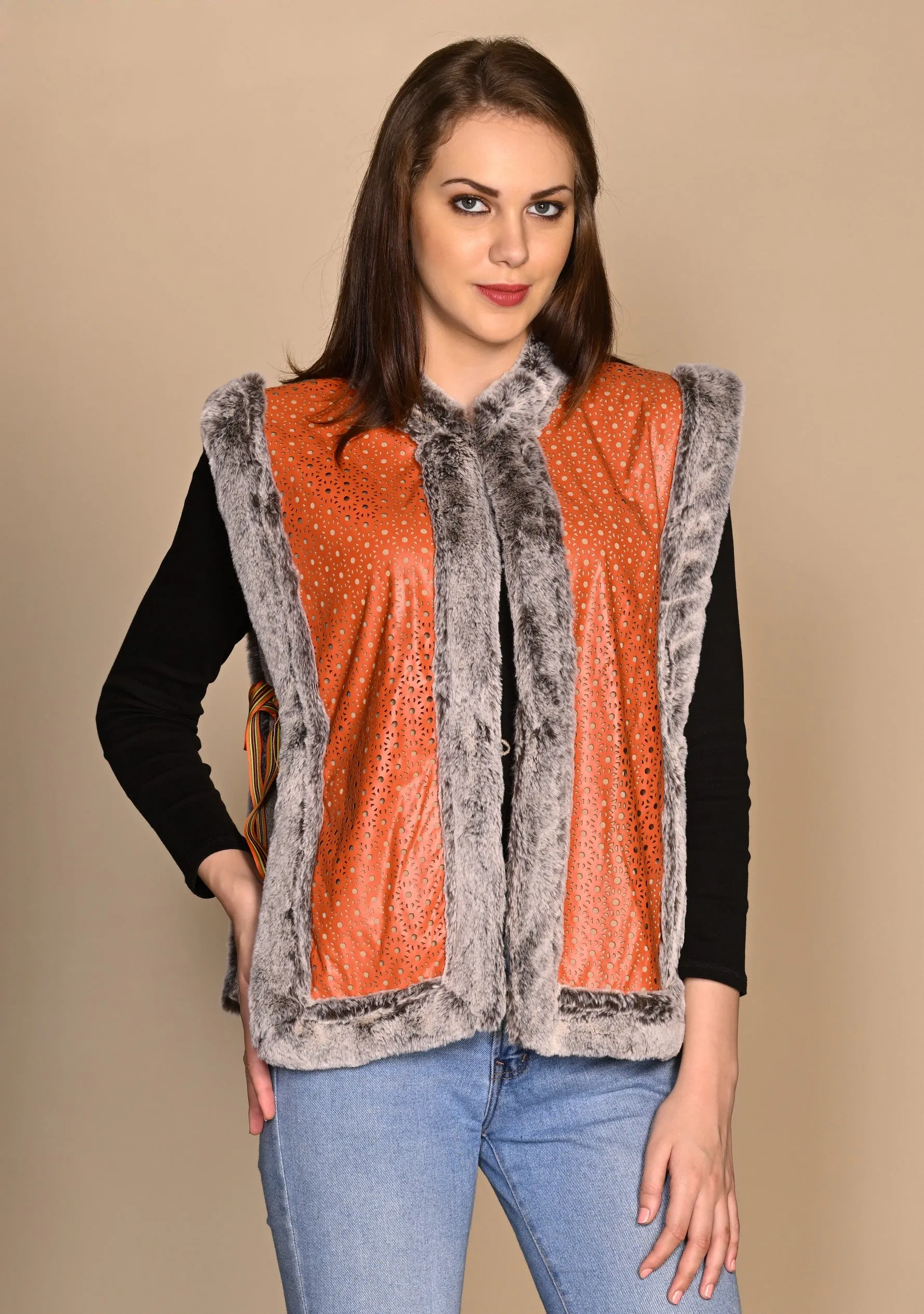 Orange Faux Leather and Taupe Melange Knitted Fine Wool Open Sleeveless Jacket with Taupe Faux Fur Neck and Border