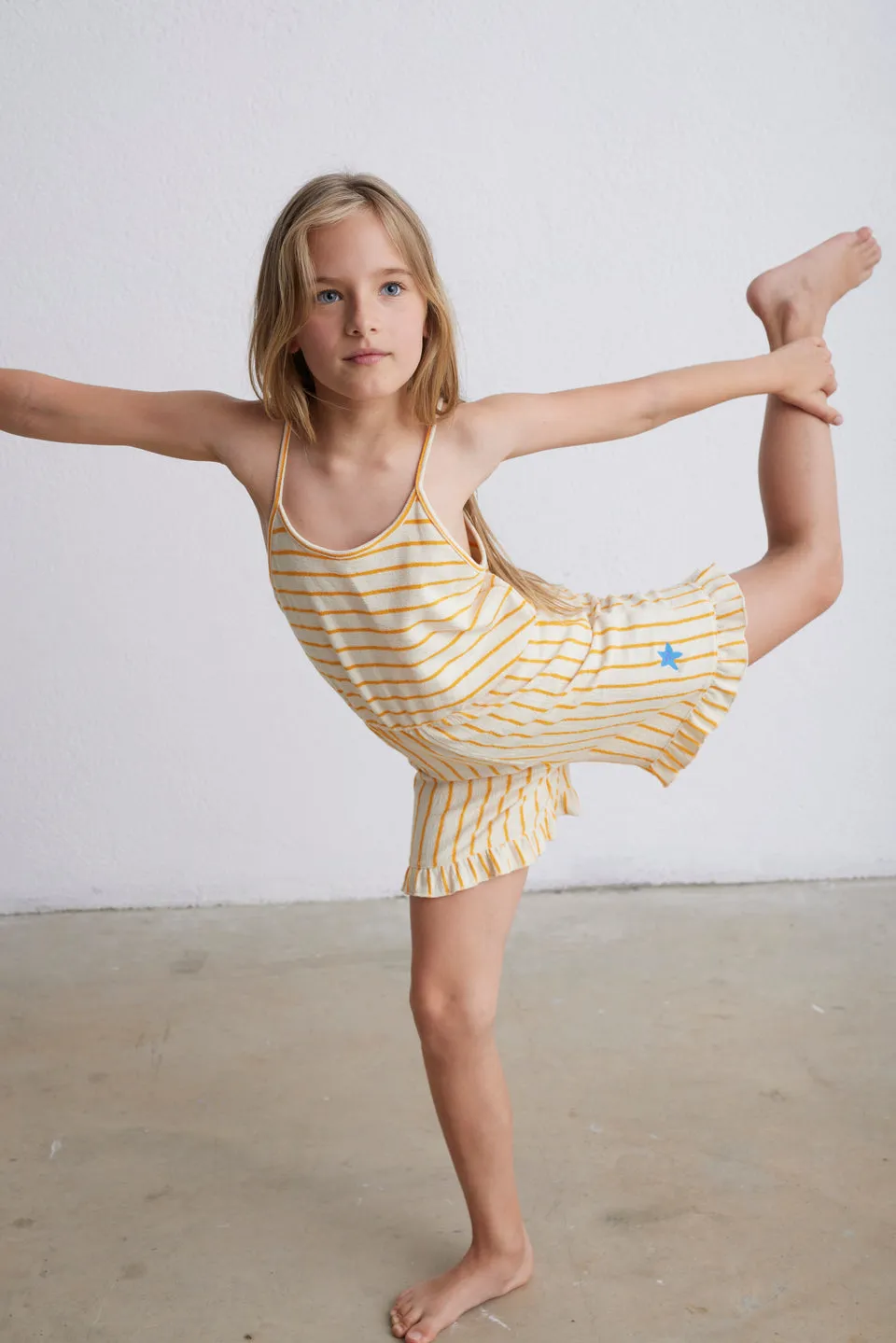 Organic Crepe Stripes Romper (model shown in Yellow)