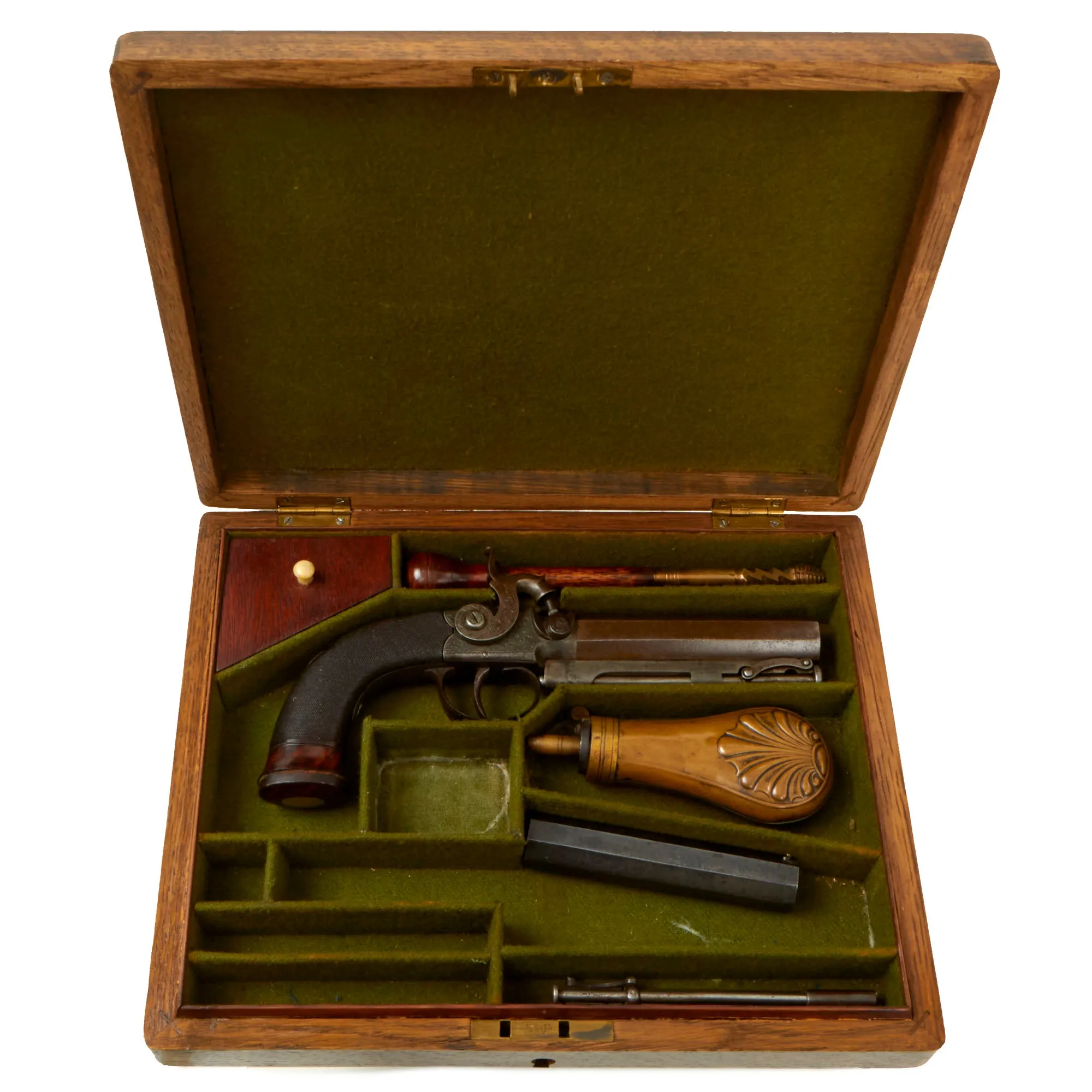 Original Cased British Percussion Overcoat Pistol by William Powell of Birmingham with Spare Rifled Barrel & Accessories - Circa 1840