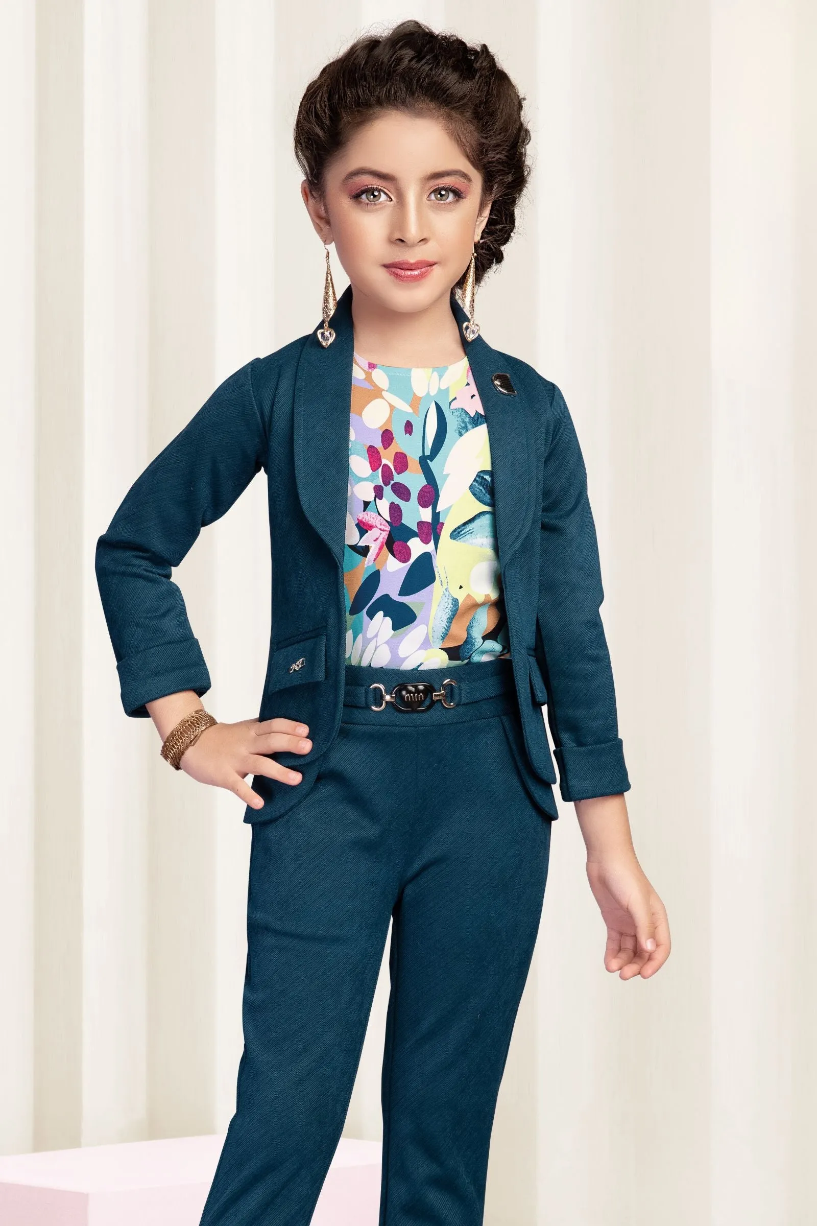 Peacock Green with Multicolor Digital Print Overcoat Styled Top and Pant Set for Girls