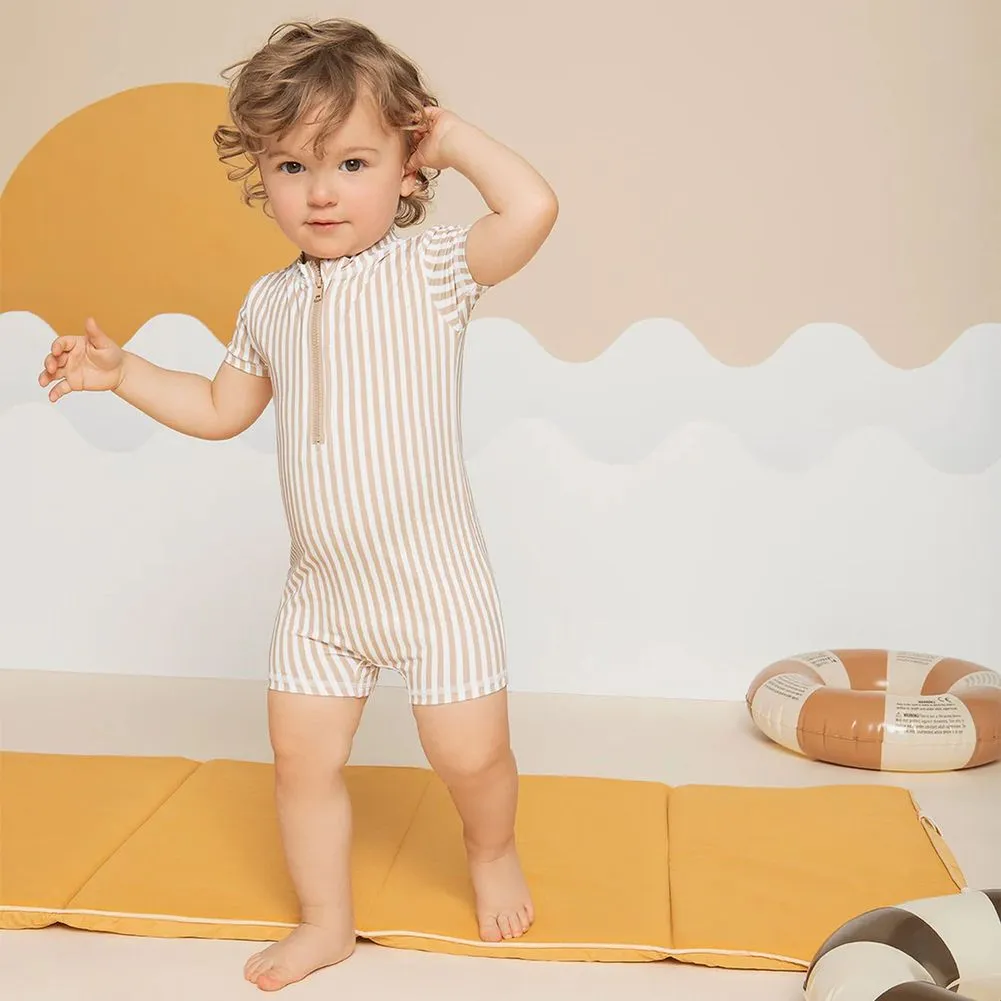 Petit Lem Short Sleeve Swim Romper in Taupe Stripes Print