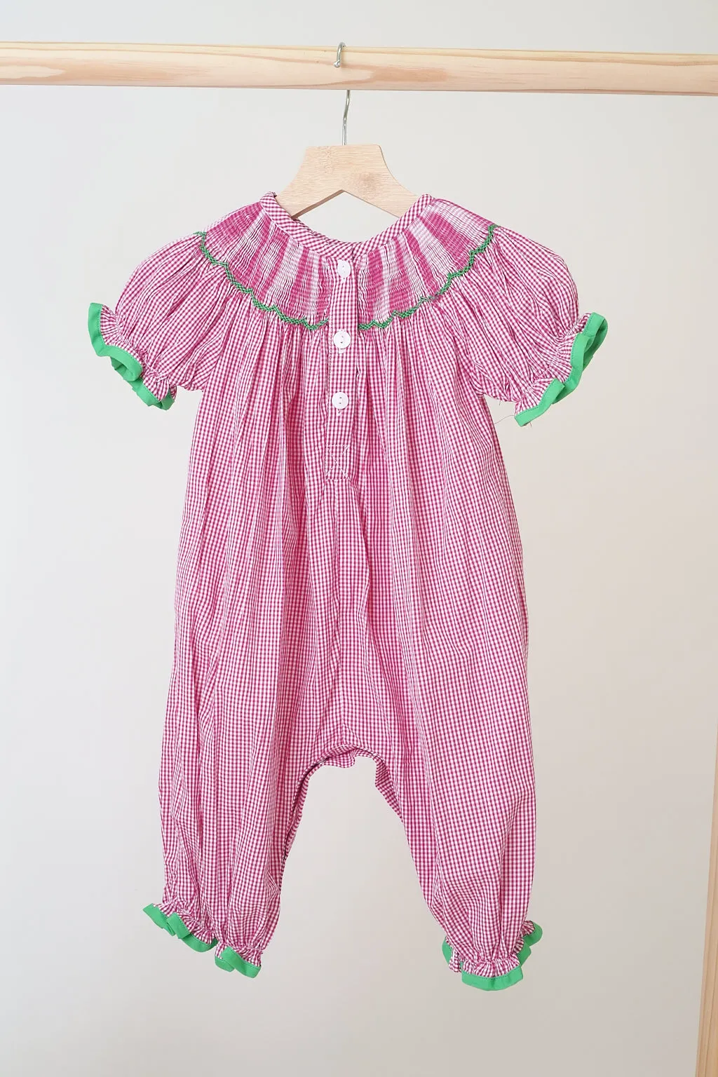 Pink joy hand smocked girl gingham romper