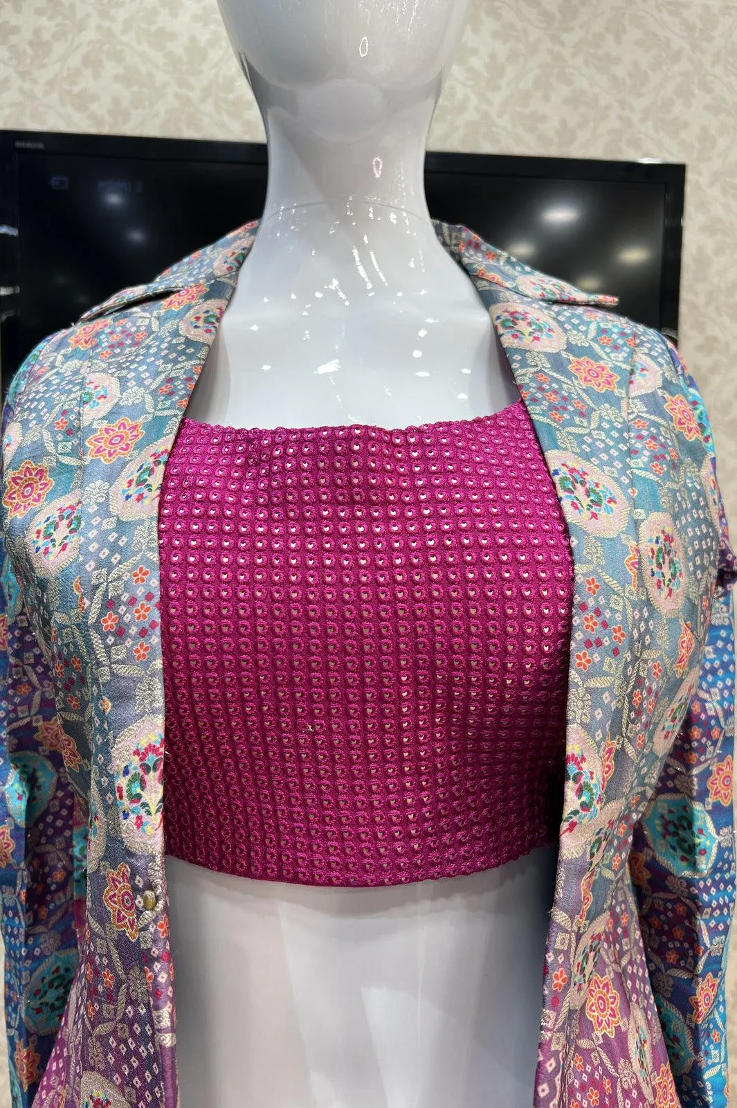 Pink with Greyish Blue Banaras work and Digital Print Crop Top with Overcoat Styled Palazzo Suit Set