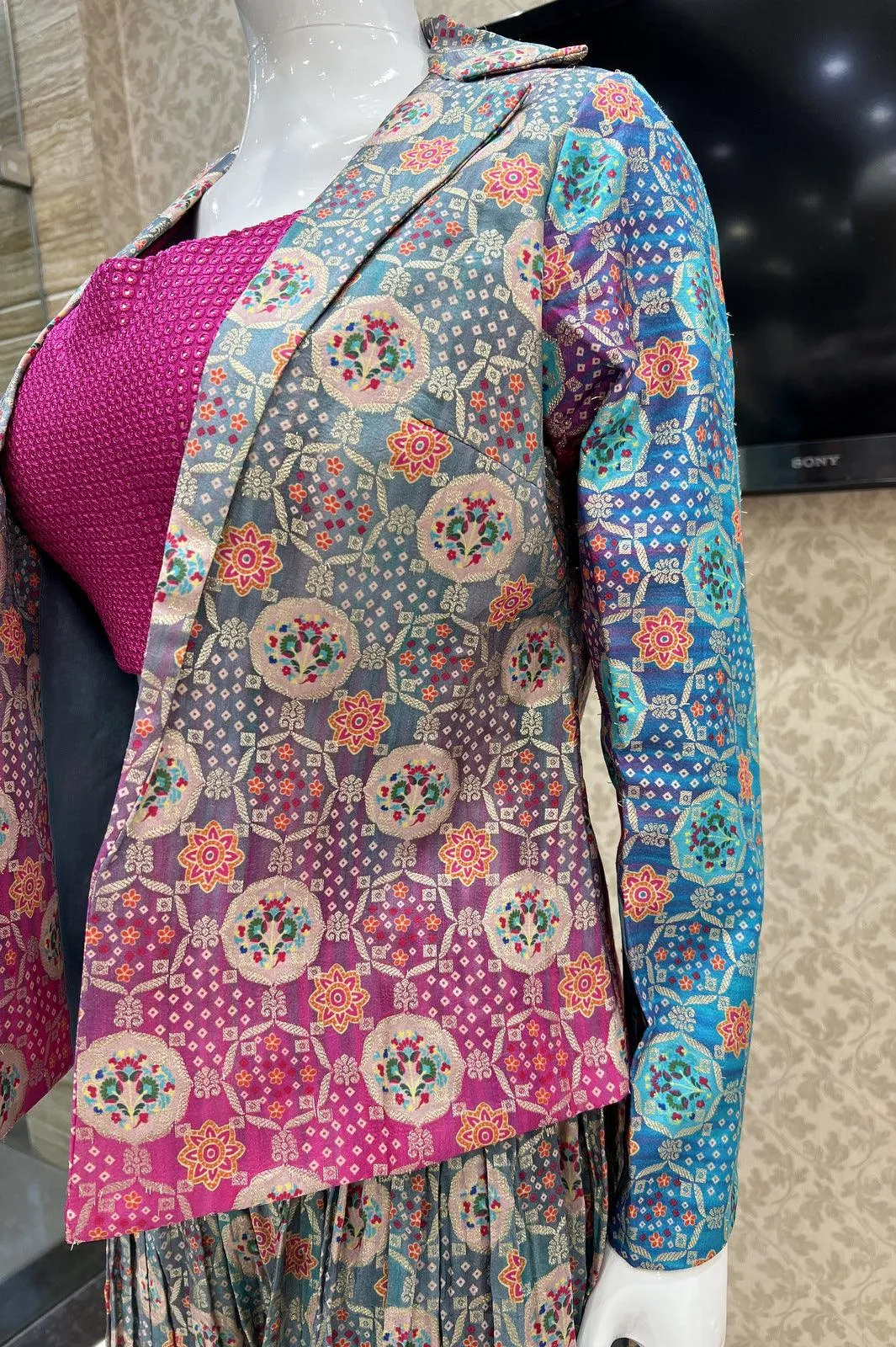 Pink with Greyish Blue Banaras work and Digital Print Crop Top with Overcoat Styled Palazzo Suit Set