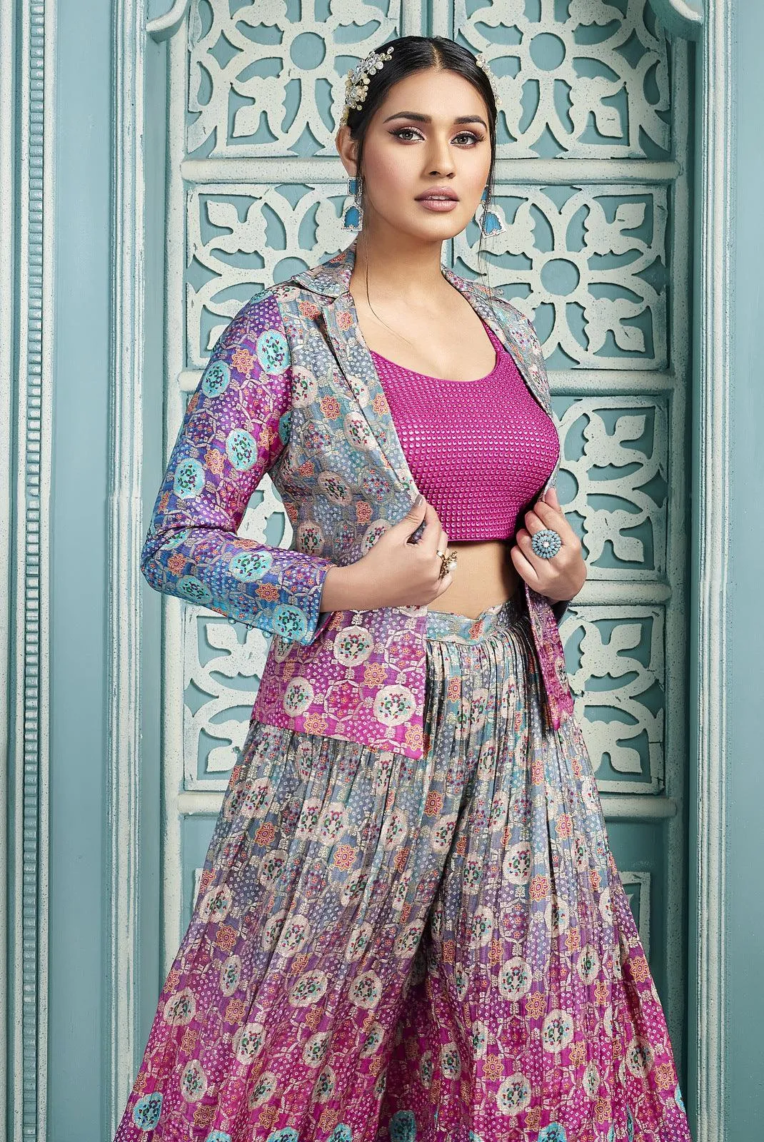 Pink with Greyish Blue Banaras work and Digital Print Crop Top with Overcoat Styled Palazzo Suit Set